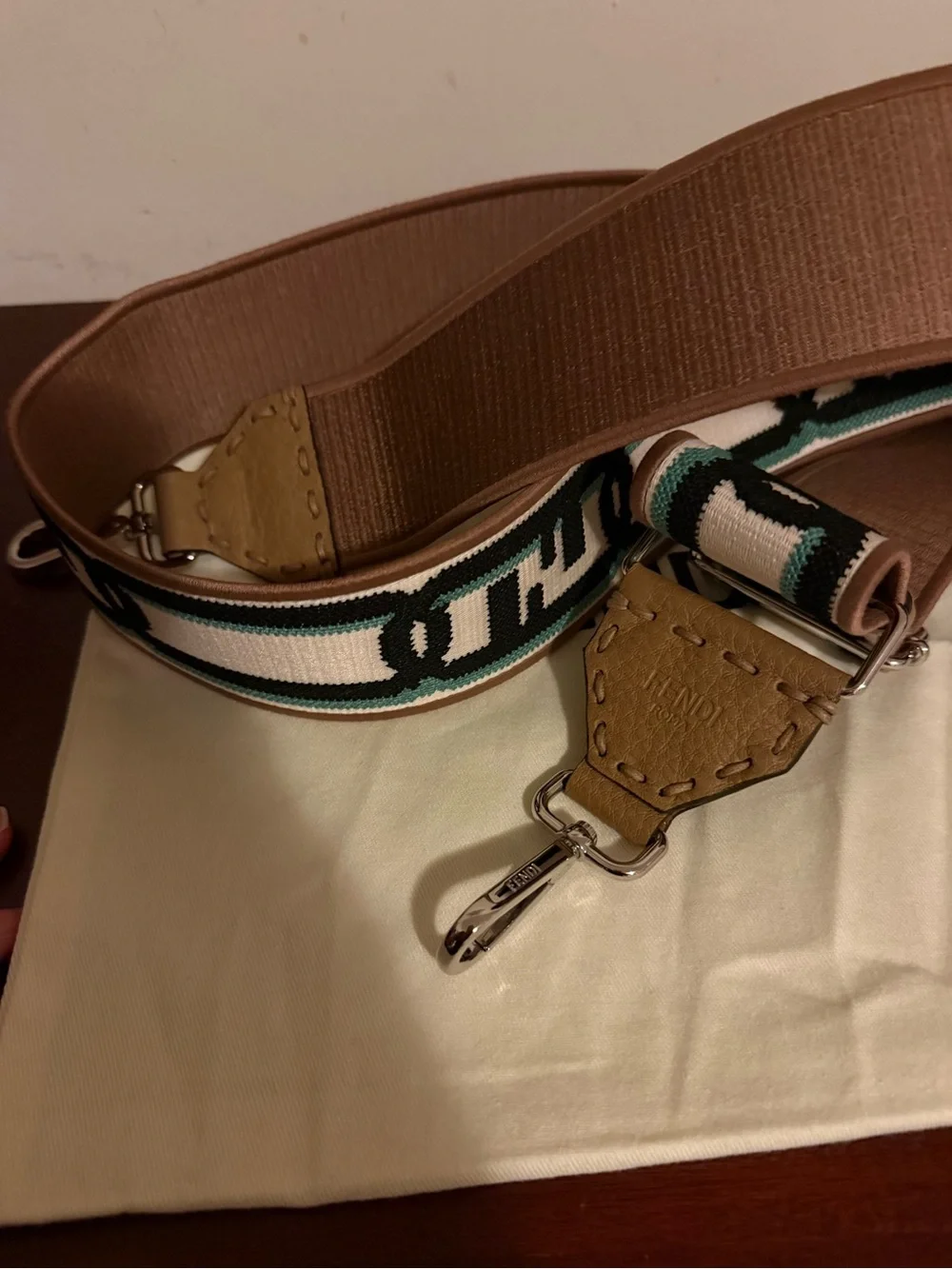 ****Price Firm*** Fendi Black, White & Tan Logo Webbing Strap with Turquoise Acc